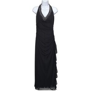 Blondie Nites‎ Black Halter Neck Maxi Dress Rhinestone Ruched Formal Party Gown